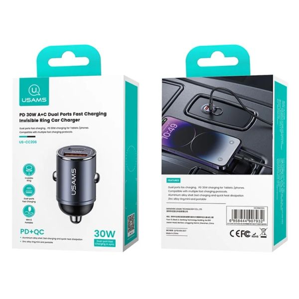 Tẩu Sạc Dành Cho Ô Tô USAMS CC206 C38 PD 30W USB A+C (with Pull Ring)