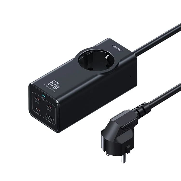 Bộ Sạc Nhanh Tích Hợp Dây Nguồn Nối Dài USAMS CC225 67W 4-port Fast Charging Adapter 3 Type-C+1 USB 2200W