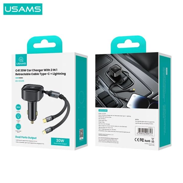 Tẩu Sạc Dành Cho Ô Tô USAMS CC219 C41 PD 30W (with Type-C / 8-Pin Cable)