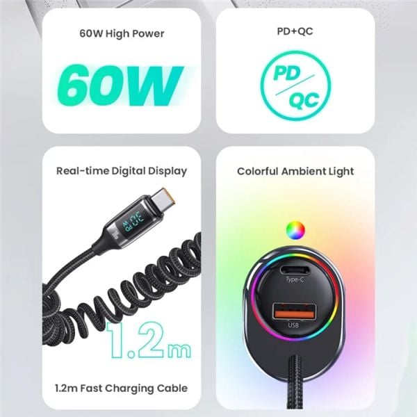 Tẩu Sạc Dành Cho Ô Tô USAMS CC192 C37 60W (Type-C + USB, with Type-C Cable 30W)