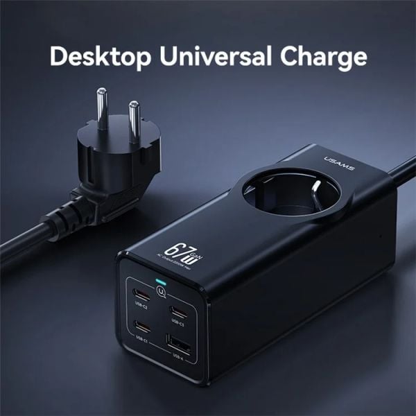 Bộ Sạc Nhanh Tích Hợp Dây Nguồn Nối Dài USAMS CC225 67W 4-port Fast Charging Adapter 3 Type-C+1 USB 2200W