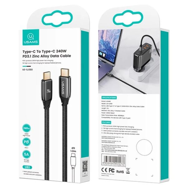 Cáp Sạc USAMS SJ580 | SJ581 U82 C To C 240W PD3.1 Zinc Alloy Data Transmission Cord