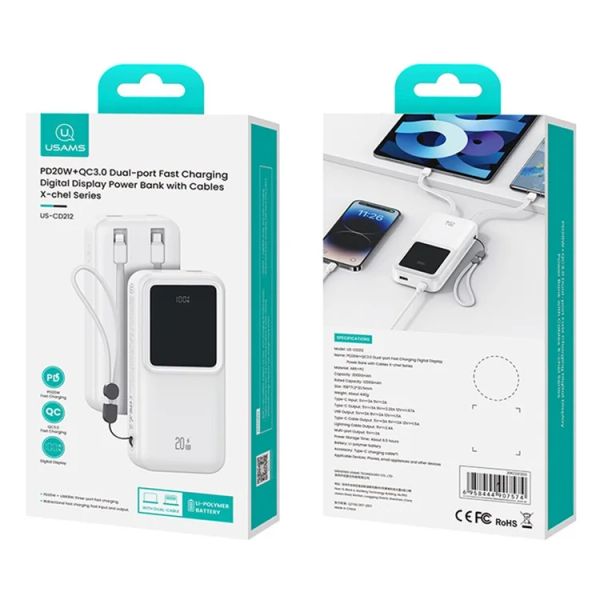 Pin Dự Phòng USAMS CD213 30000mAh 20W (QC3.0, with Built-in Type-C and Lightning Cables)