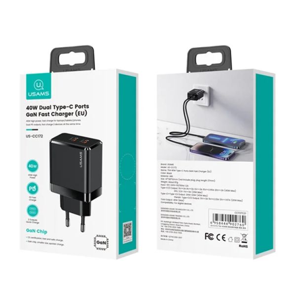 Củ Sạc Nhanh USAMS CC172 T54 40W Dual Type-C Ports GaN Fast Charger