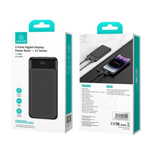 Pin Dự Phòng USAMS CD198 XY Series 10000mAh 10W (2*USB + 1*Type-C, Digital Display)