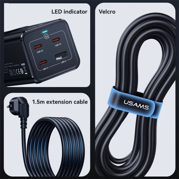 Bộ Sạc Nhanh Tích Hợp Dây Nguồn Nối Dài USAMS CC225 67W 4-port Fast Charging Adapter 3 Type-C+1 USB 2200W