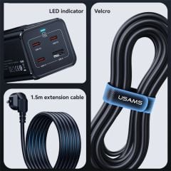 Bộ Sạc Nhanh Tích Hợp Dây Nguồn Nối Dài USAMS CC225 67W 4-port Fast Charging Adapter 3 Type-C+1 USB 2200W