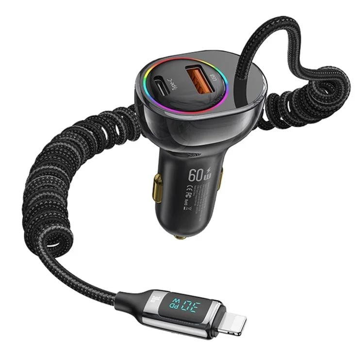 Tẩu Sạc Dành Cho Ô Tô USAMS CC193 C37 60W (Type-C + USB-A, with Lightning Cable 30W)