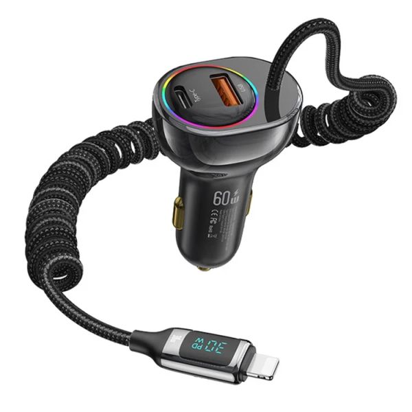Tẩu Sạc Dành Cho Ô Tô USAMS CC193 C37 60W (Type-C + USB-A, with Lightning Cable 30W)