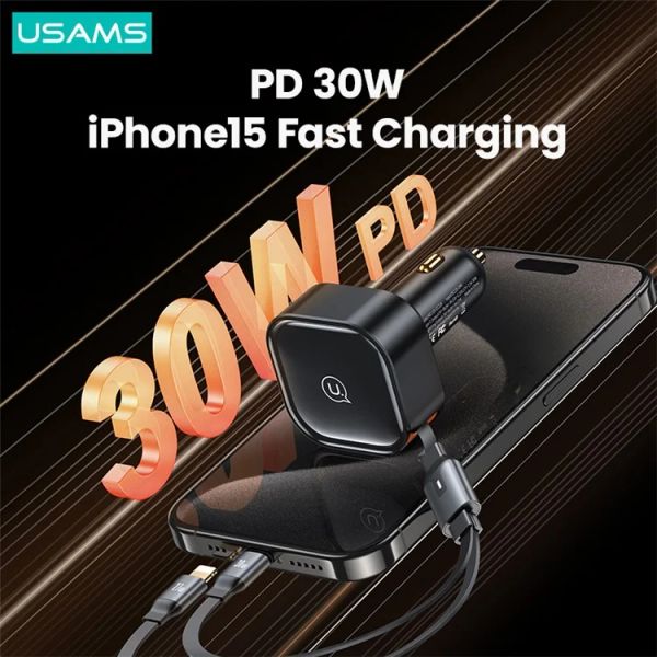 Tẩu Sạc Dành Cho Ô Tô USAMS CC219 C41 PD 30W (with Type-C / 8-Pin Cable)