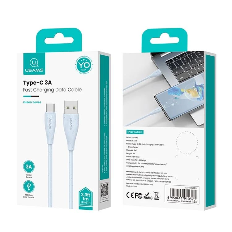 Cáp Sạc Nhanh Truyền Dữ Liệu USAMS SJ714 Green Series 1m USB to Type-C Cable 3A