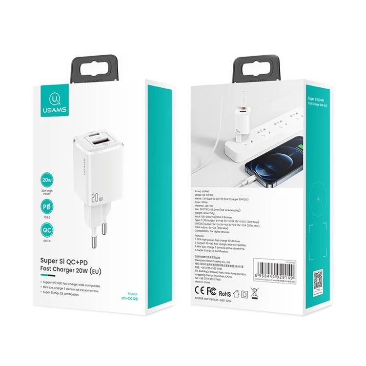 Củ sạc USAMS CC128 T37 PD20W QC3.0 USB Type-C Wall Charger Dual Port Power Adapter
