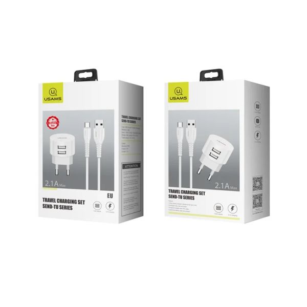 Combo củ cáp USAMS Dual Ports USB Round Travel Charger + Type-C Data Sync Charging Cable for Huawei Samsung