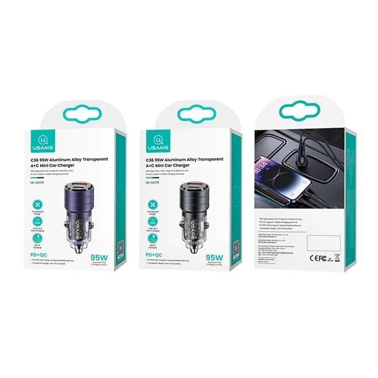 Tẩu Sạc Dành Cho Ô Tô USAMS CC176 C36 95W (USB-A + Type-C, Transparent, with Light)