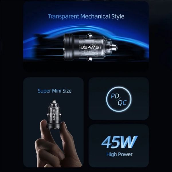 Tẩu Sạc Dành Cho Ô Tô USAMS CC175 C35 45W (Transparent, USB-A + Type-C, with Light)
