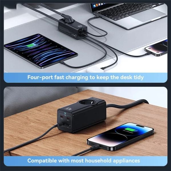 Bộ Sạc Nhanh Tích Hợp Dây Nguồn Nối Dài USAMS CC225 67W 4-port Fast Charging Adapter 3 Type-C+1 USB 2200W