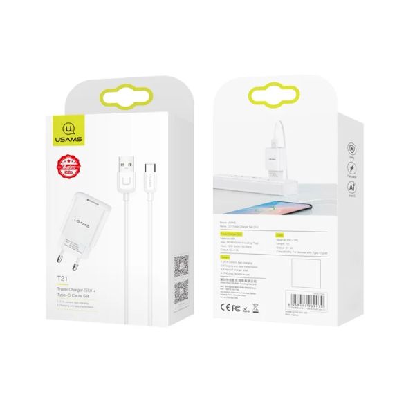 Combo củ cáp sạc USAMS T21 2.1A High-Current Time-Saving Charging Wall Phone Charger and Type-C Cable (EU Plug)