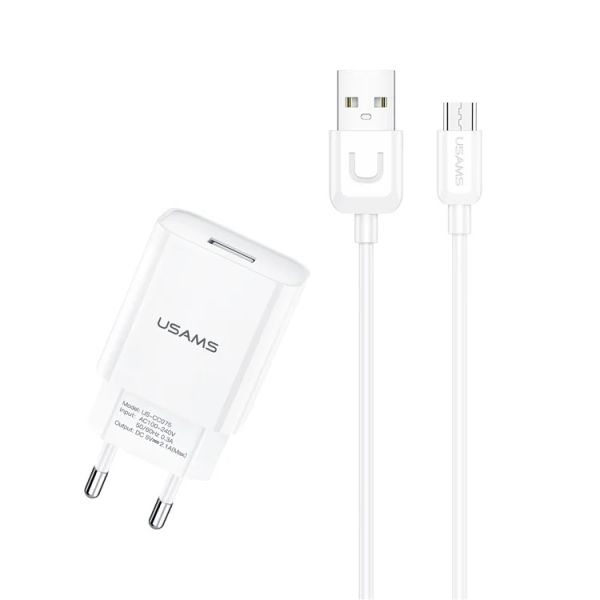 Combo củ cáp sạc USAMS T21 Travel Charger Set 2.1A Wall Phone Charger and Micro USB Cable (EU Plug)
