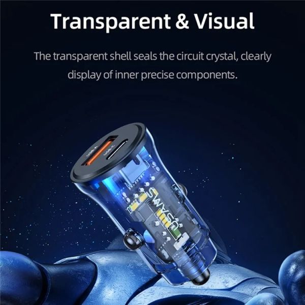 Tẩu Sạc Dành Cho Ô Tô USAMS CC164 C32 PD 30W (Transparent, USB-A + Type-C, with Blue Backlight)