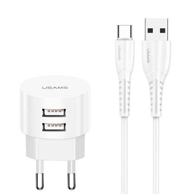 Combo củ cáp USAMS Dual Ports USB Round Travel Charger + Type-C Data Sync Charging Cable for Huawei Samsung