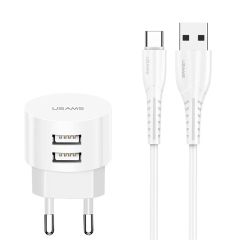 Combo củ cáp USAMS Dual Ports USB Round Travel Charger + Type-C Data Sync Charging Cable for Huawei Samsung