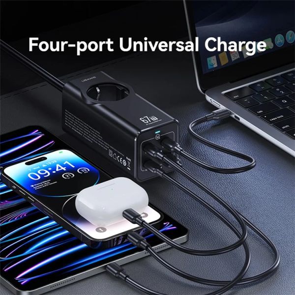 Bộ Sạc Nhanh Tích Hợp Dây Nguồn Nối Dài USAMS CC225 67W 4-port Fast Charging Adapter 3 Type-C+1 USB 2200W