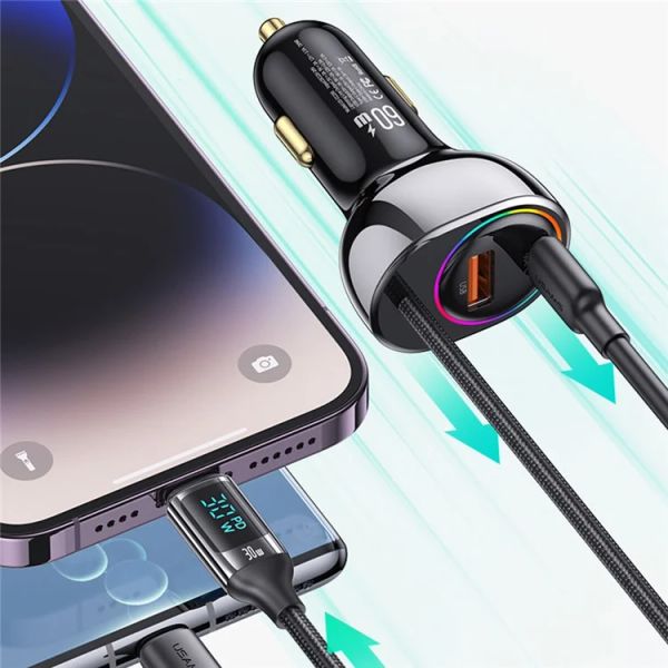 Tẩu Sạc Dành Cho Ô Tô USAMS CC193 C37 60W (Type-C + USB-A, with Lightning Cable 30W)
