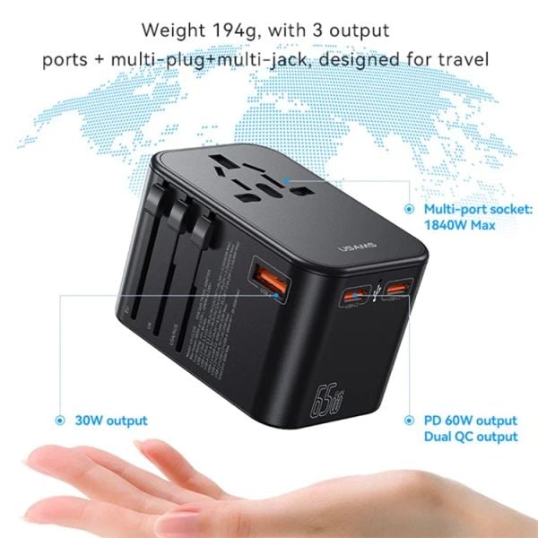 Bộ Sạc Nhanh Du Lịch Đa Năng 2C+U USAMS CC199 T62 GaN 65W (EU/UK/AU/US)