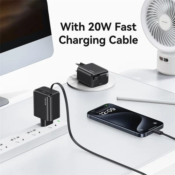 Bộ Sạc Nhanh Tích Hợp Cáp Dây Rút USAMS CC233 20W GaN Charger PD3.0+QC3.0