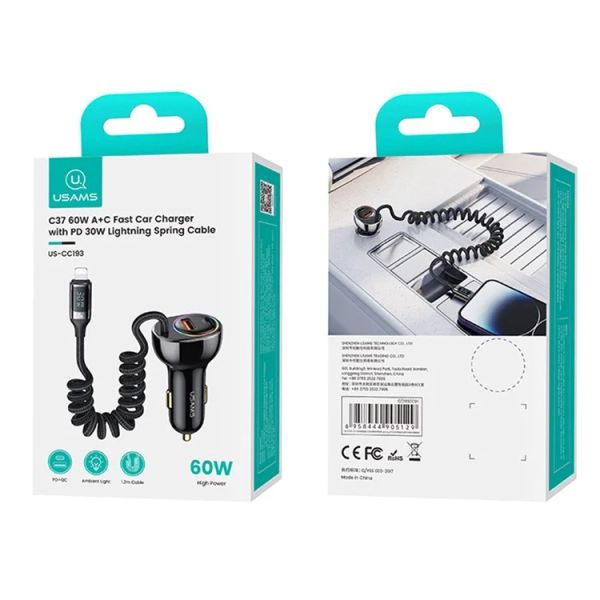 Tẩu Sạc Dành Cho Ô Tô USAMS CC193 C37 60W (Type-C + USB-A, with Lightning Cable 30W)