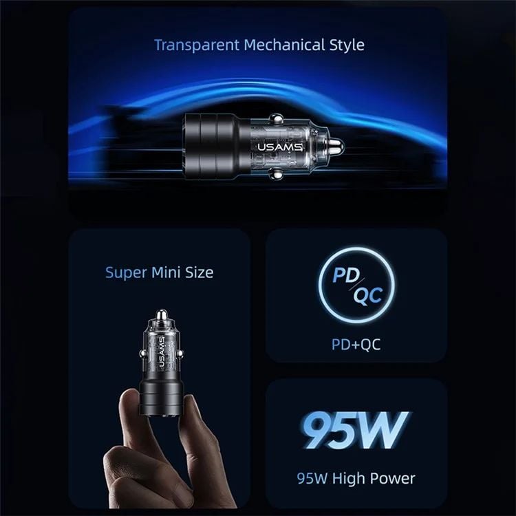 Tẩu Sạc Dành Cho Ô Tô USAMS CC176 C36 95W (USB-A + Type-C, Transparent, with Light)