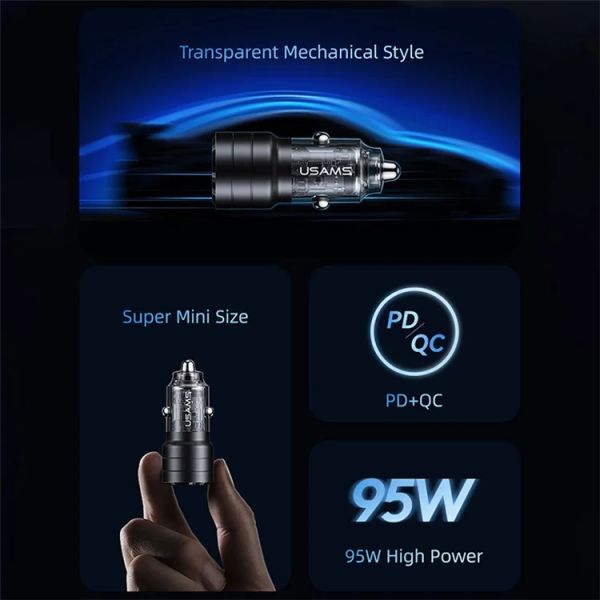 Tẩu Sạc Dành Cho Ô Tô USAMS CC176 C36 95W (USB-A + Type-C, Transparent, with Light)