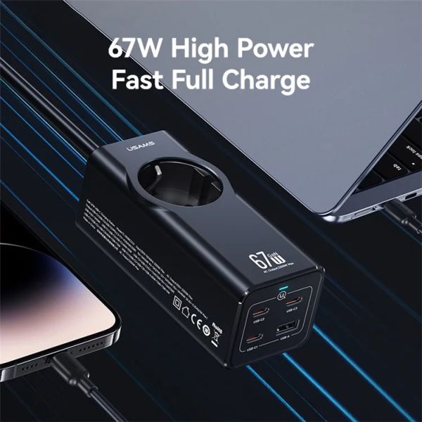 Bộ Sạc Nhanh Tích Hợp Dây Nguồn Nối Dài USAMS CC225 67W 4-port Fast Charging Adapter 3 Type-C+1 USB 2200W