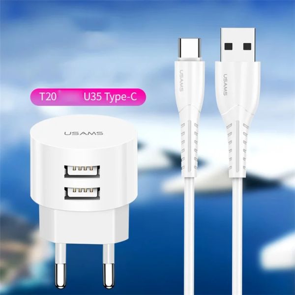 Combo củ cáp USAMS Dual Ports USB Round Travel Charger + Type-C Data Sync Charging Cable for Huawei Samsung