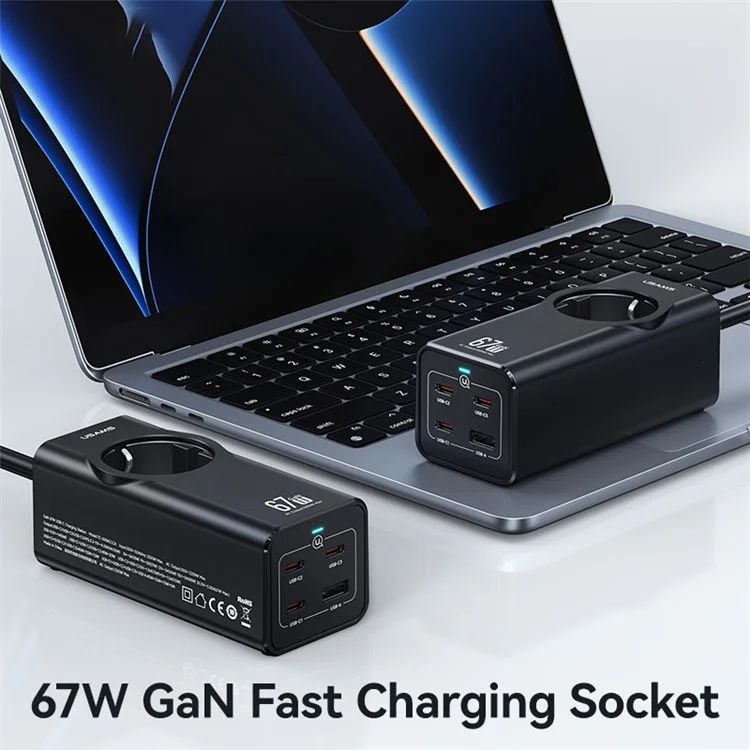 Bộ Sạc Nhanh Tích Hợp Dây Nguồn Nối Dài USAMS CC225 67W 4-port Fast Charging Adapter 3 Type-C+1 USB 2200W