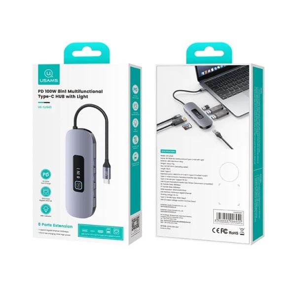 Hub Mở Rộng USAMS SJ643 8-in-1 Hub Docking Station (Type-C to HD+USB3.0*3+TF+SD+RJ45+PD 100W)