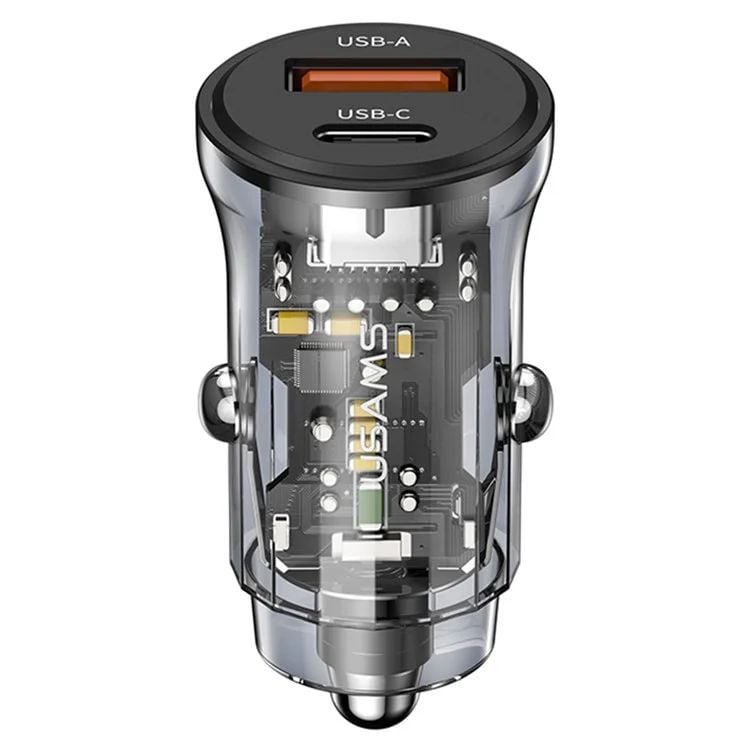 Tẩu Sạc Dành Cho Ô Tô USAMS CC164 C32 PD 30W (Transparent, USB-A + Type-C, with Blue Backlight)