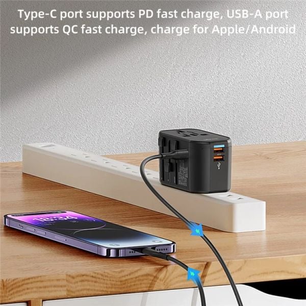 Bộ Sạc Du Lịch USAMS CC179 T59 Dual USB + Type-C PD 20W (US/UK/EU/CN Plug)