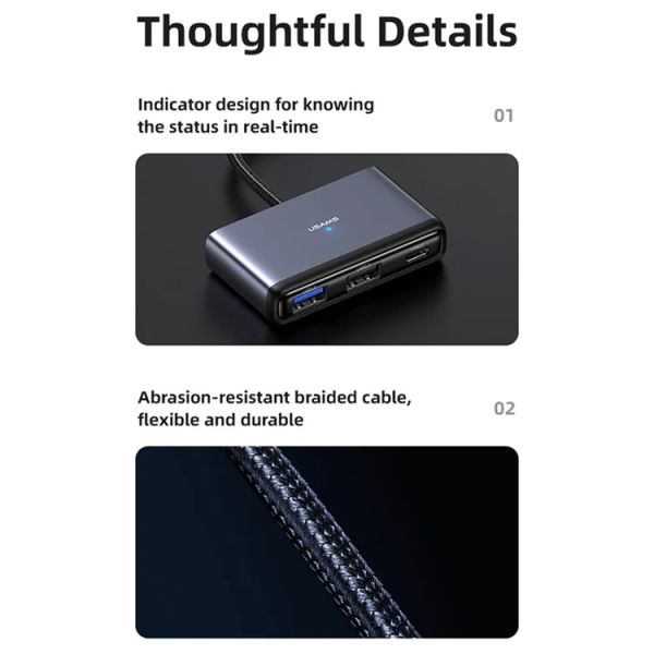 Hub Mở Rộng Kết Nối Đa Năng 4-in-1 USAMS SJ627 (Type-C to USB3.0*1 + USB2.0*2 + PD 60W)