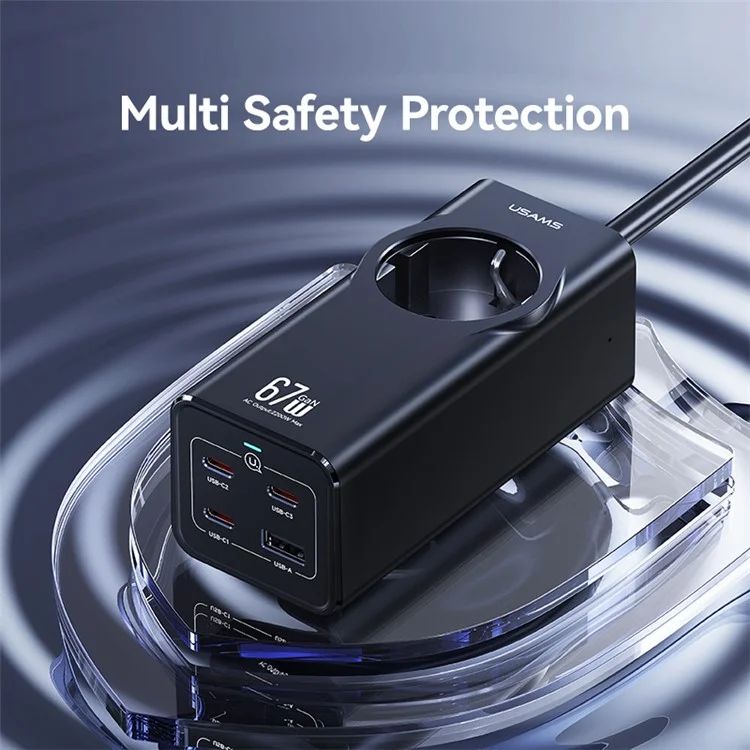 Bộ Sạc Nhanh Tích Hợp Dây Nguồn Nối Dài USAMS CC225 67W 4-port Fast Charging Adapter 3 Type-C+1 USB 2200W