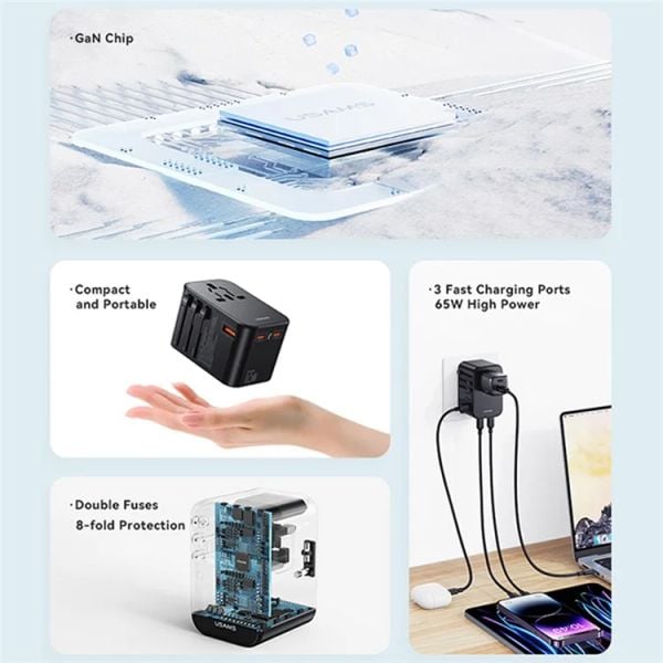 Bộ Sạc Nhanh Du Lịch Đa Năng 2C+U USAMS CC199 T62 GaN 65W (EU/UK/AU/US)