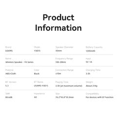 Loa Di Động Bluetooth TWS USAMS YX015 (Bluetooth v5.3, 3.5H, 1200mAh, Âm Thanh Vòm 360°)