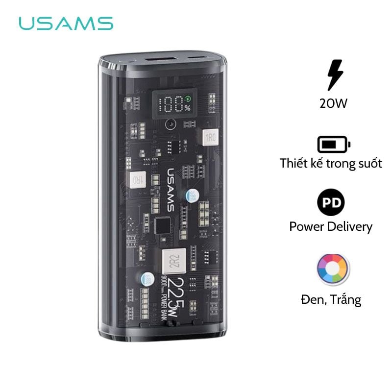 Pin Dự Phòng sạc nhanh nhỏ gọn USAMS CD189 9000mAh 20W (Digital Display, USB+Type-C port, Trong suốt, PD + QC3.0)