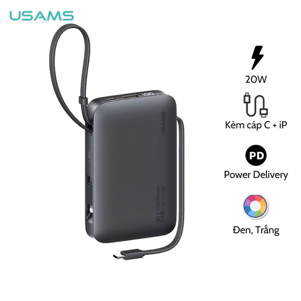 Pin Dự Phòng USAMS CD228 10000mAh 20W (Digital Display, Kèm Cáp Type-C + Lightning, 3C Certification)