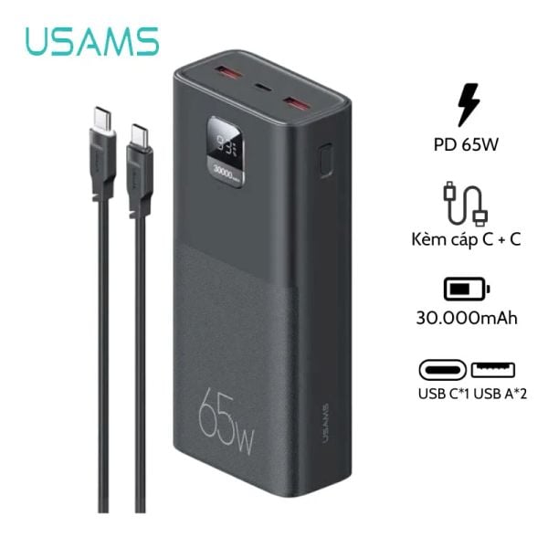 Pin Dự Phòng USAMS CD185 30000mAh 65W (Digital Display, Kèm cáp C to C 100W, PD/QC/FCP/AFC)