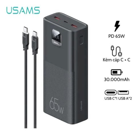 Pin Dự Phòng USAMS CD185 30000mAh 65W (Digital Display, Kèm cáp C to C 100W, PD/QC/FCP/AFC)