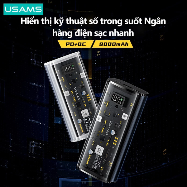 Pin Dự Phòng sạc nhanh nhỏ gọn USAMS CD189 9000mAh 20W (Digital Display, USB+Type-C port, Trong suốt, PD + QC3.0)