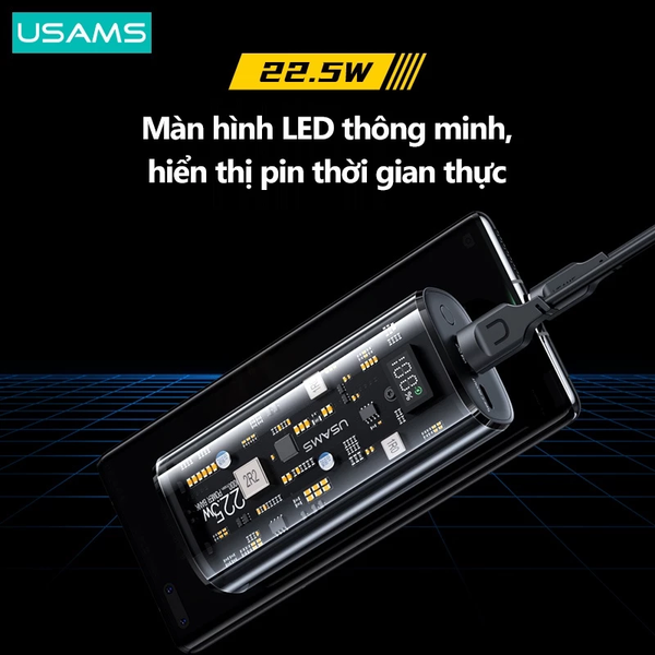 Pin Dự Phòng sạc nhanh nhỏ gọn USAMS CD189 9000mAh 20W (Digital Display, USB+Type-C port, Trong suốt, PD + QC3.0)