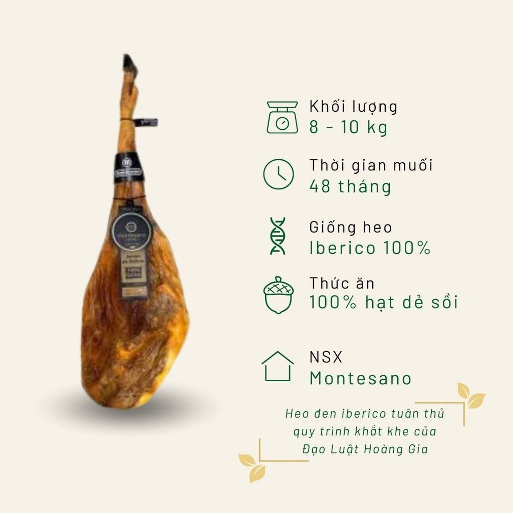 Đùi heo muối Iberico Bellota Montesano có xương thuần chủng 100% 48 tháng KG đùi sau
