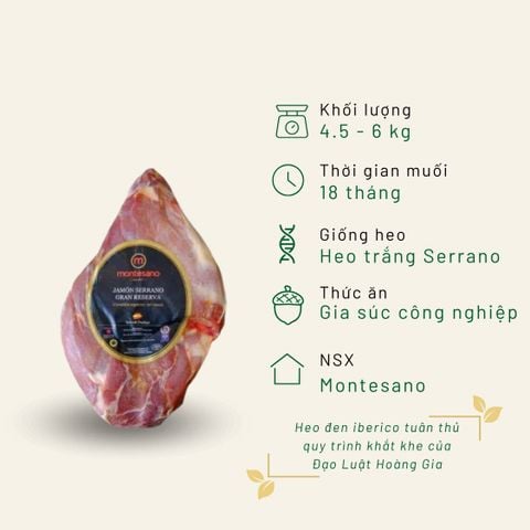 Đùi heo trắng muối Serrano Montesano không xương 18 tháng KG đùi trước